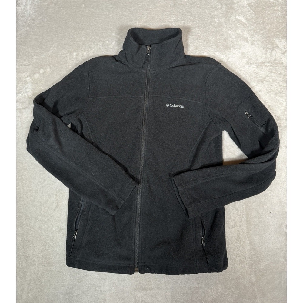 Columbia Women Full Zip Jacket Black Fleece Solid Logo Pockets Collared M 552